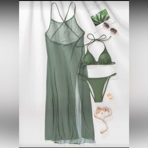 Green Triangle Bikini Set with Sheer Cover-Up Size Medium